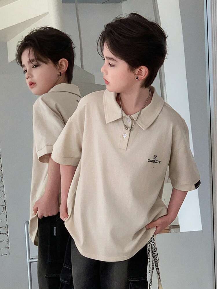 Tween Boy Letter Print Drop Shoulder Loose Fit Polo Collar T-Shirt Summer