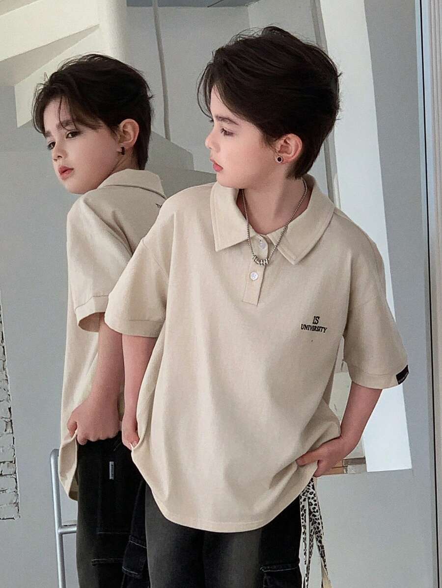 DAZY Tween Boy Letter Print Drop Shoulder Loose Fit Polo Collar T-Shirt - Apricot - View 1
