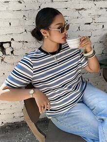 Dazy Plus Color Block Patchwork Round Neck Striped Short Sleeve Street Style Plus Size T-Shirt For Women, Spring/Summer - Blue - View 6
