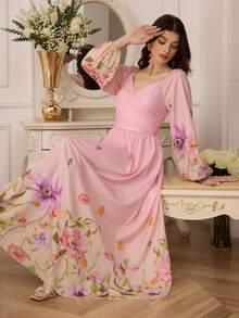 Modelyn Đầm nữ kiểu dáng lãng mạn, thanh lịch, cổ chữ V, tay phồng, họa tiết hoa ombre, thắt eo, dài đến đầu gối. - Hồng - Xem 3