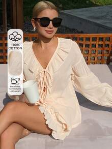 DAZY Vacation Style Textured Fabric Tie Front Ruffle Trim Women Pajama Set - Beige - View 5