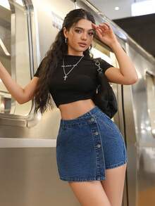 SHEIN ICON Plus Size Women's Asymmetric Sexy Denim Skirt Pants, Spring Outfits - Dark Wash - View 4