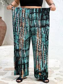 SHEIN CURVE+ Curve 尺码 US22 音乐节、海滨度假、波西米亚风 CURVE PLUS / / 女士条纹弹力腰阔腿宽松休闲裤 夏季/乡村/海滩度假装/海滩装/沙滩服饰 - 彩色 - 查看 3