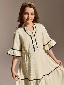 Tween Girls' Summer Casual Vacation Notch Neck Contrast Wave Tape Trim Ruffle Sleeve Waist Tie Dress - Apricot - View 5
