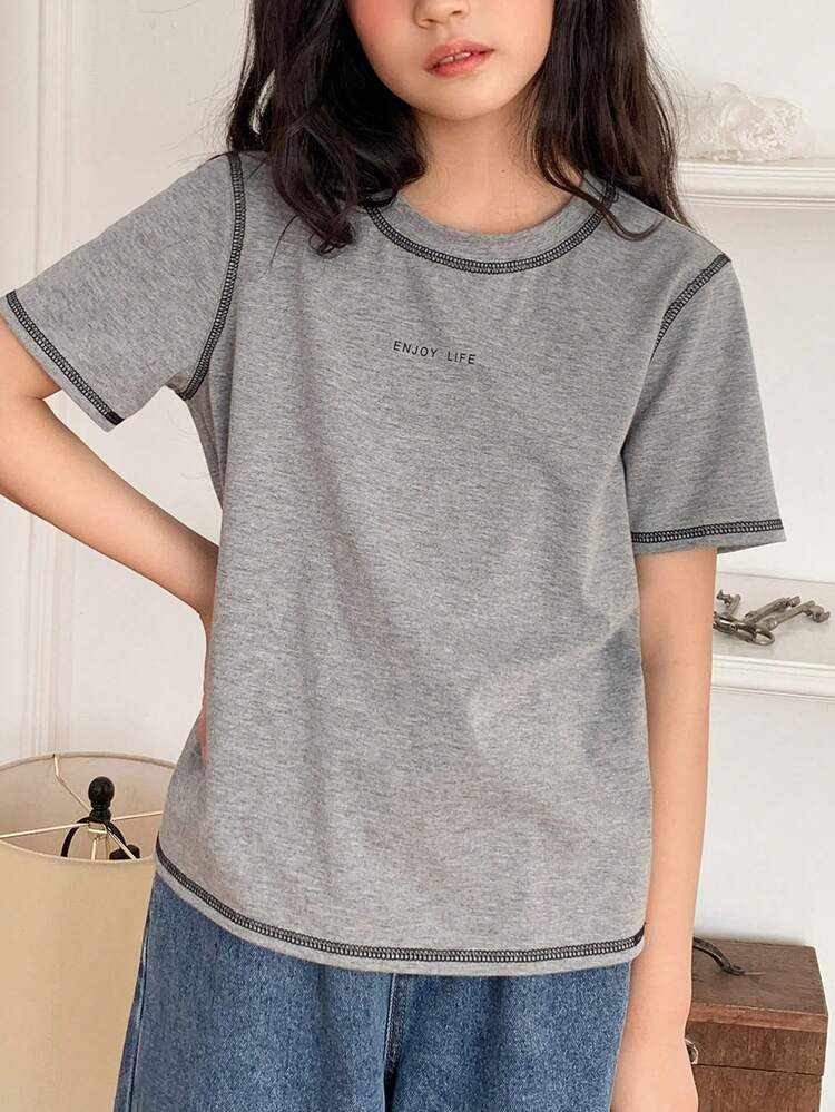 Tween Girls' Colorblock Round Neck Short Sleeve Casual Loose Versatile T-Shirt, Summer