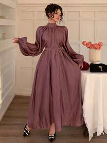 DAZY 女士优雅立领褶裥腰带束腰长裙 - 鏽棕色 - 查看 2