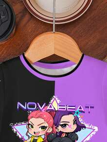 2件套KPOP女团图案数码印花T恤，女童数码印花短袖上衣和短裤套装，时尚休闲韩版风格，适合所有季节女童穿着 - 彩色 - 查看 3