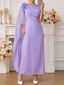 Ellevyn 女士纯色浅紫色收腰不对称花卉装饰优雅雪纺连衣裙，适合秋季、冬季和早春日常穿着。 - 紫色 - 查看 6