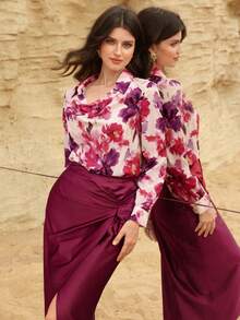 Modelyn 优雅通勤风深V领扎染印花衬衫 - 彩色 - 查看 1