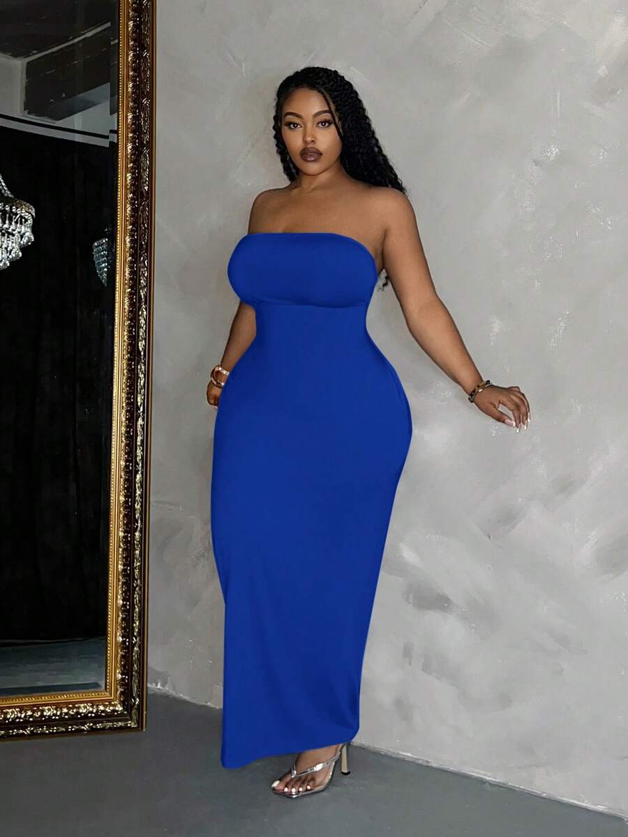 Slaydiva 加大码性感宝蓝色长款修身针织连衣裙，无袖抹胸铅笔裙摆性感蓝色连衣裙 - 寶藍色 - 查看 1