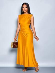 YkhahaYkhahaSOLERSUN Vestido elegante de mujer con decoración de metal de unicolor, ajuste delgado, adecuado para el uso diario, compras, fiestas y reunionesYkhahaYkhaha - Naranja - Ver 5