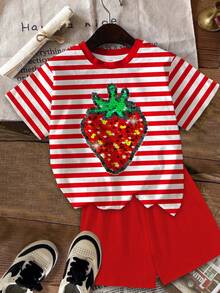 SHEIN 2pcs/Set Young Girl Casual Retro Striped Strawberry Embroidery Short Sleeve T-Shirt And Shorts, Suitable For Outing, Date, Valentine's Day, Sisters Matching, Back To School, Summer Strawberry Shirt Girls Red Striped Shirt Girls Girl Clothes Summer Summer Clothes Red Strawberry Shirt For Girls - Multicolor - View 3