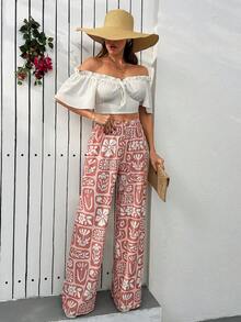 Cloudara Women Wide Leg Printed Detailed Pants - Baby Pink - View 6