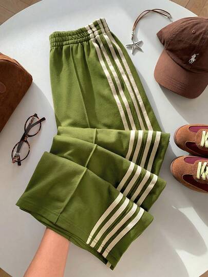 Comfortcana Women's Casual Everyday Commute School Sports Elastic Waist Green Contrast Striped Side Loose Wide Leg Sweatpants, Spring/Summer