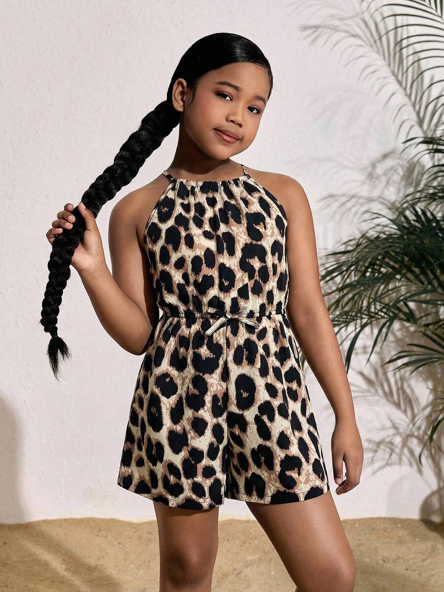 SHEIN SLAYR KIDS Tween Girls Ditsy Floral Halter Neck Sleeveless Casual Romper, Vacation Style, Fashionable French Elegance, Back To School - Multicolor - View 1