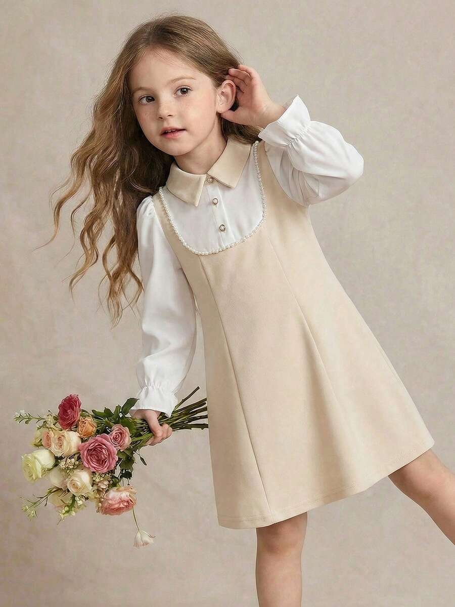 PrepCrw 1 chiếc đầm bé gái kiểu dáng tối giản, thoải mái, cổ bẻ, tay phồng, phối màu, thích hợp cho các buổi đi chơi, tụ họp, lễ hội, tiệc tùng, mùa thu, đông, xuân, hè. - Nhiều màu - Xem 1