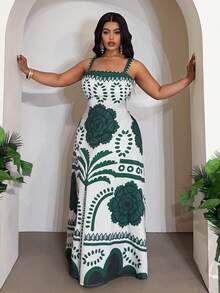 Veslaya Plus Size Women's Floral Print Sleeveless Bodycon A-Line Maxi Dress, White Summer Elegant Vacation Holiday Casual Resort Wear Wrap Around Cinched Waist - Multicolor - View 4