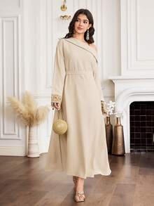 Al Najma New Design Oblique Shoulder Embroidered Tie Waist Slimming Dress, Suitable For Vacation, Party, Gathering, Elegant Daily Wear - Khaki - View 3