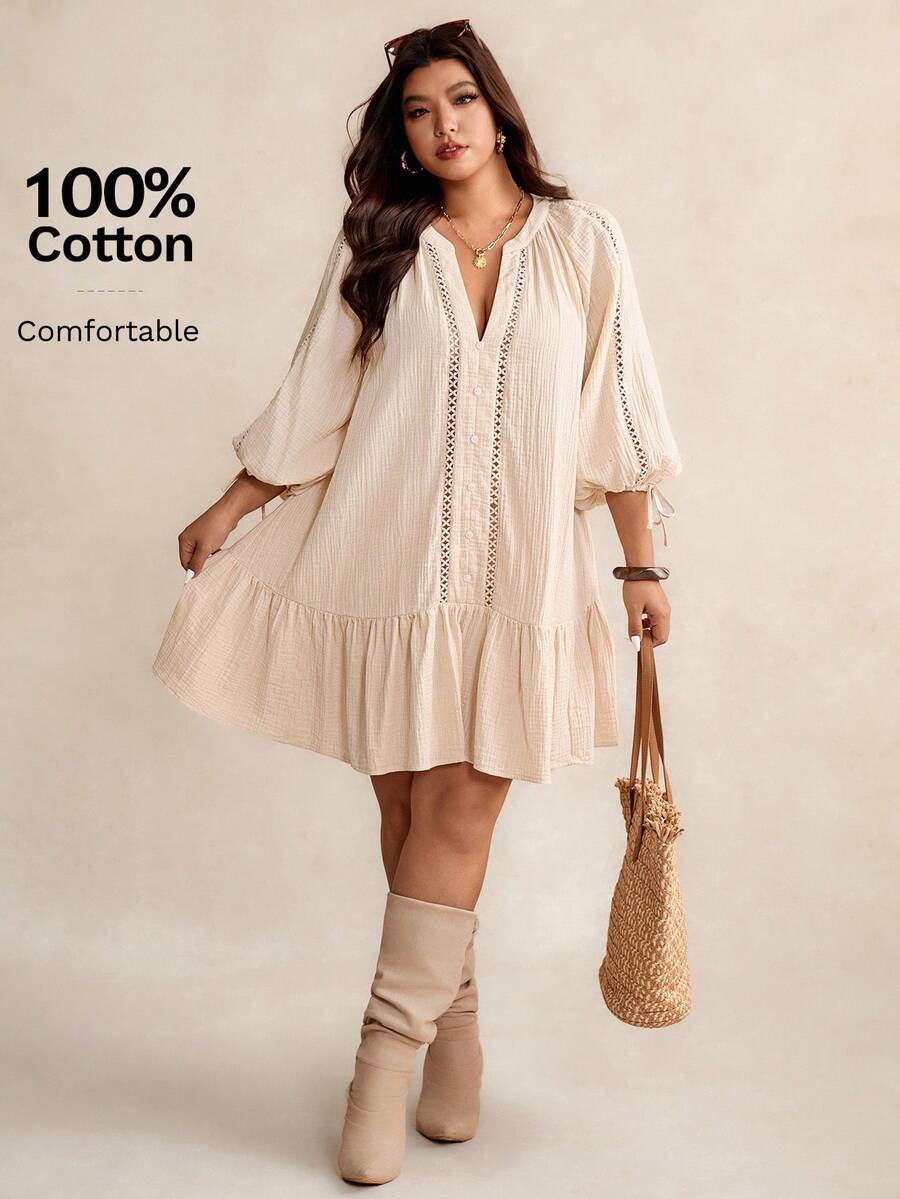 Elaquor Váy du lịch viền bèo nhún họa tiết tối giản cỡ lớn mùa hè - Màu be - Xem 1