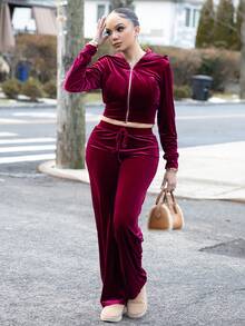 Melissa Matos Women 2pcs Casual Outfit, Front Zipper Long Sleeve Hoodie Top And Pants Set, Minimalist Style, Suitable For Work, Autumn/Winter For New Year Clothes - Red - View 6