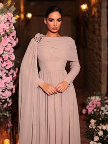 Glamrae Elegant Pearl Chiffon Draped Collar Splice Long Sleeve Dress, Extra Long Cascading Shoulder Flounce, 3D Floral Shoulder, Oversized A-Line Skirt, Suitable For Weddings, All Formal Occasions, Bridesmaid Dress - Dusty Pink - View 1
