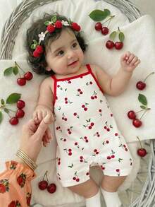 SHEIN Babygirl Cute Casual Summer Knit Cherry Pattern Romper - Multicolor - View 2