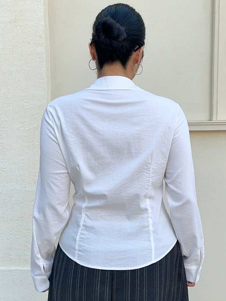 Solid Color Turndown Collar Cropped Long Sleeve White Casual Fitted Shirt