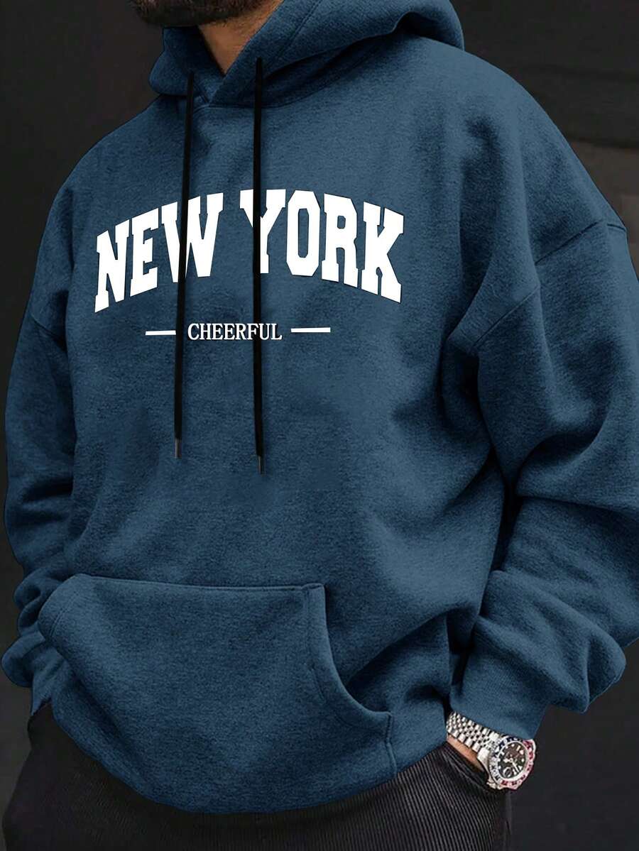 Manfinity Homme Loose Fit Men's Hoodie With English Letter Print, Kangaroo Pocket And Drawstring - Navy Blue - View 1