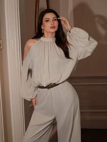 NOVVYNE Women's Fashion Casual Minimalist Everyday Commute Off-Shoulder Pleated Loose Jumpsuit - Khaki - View 1