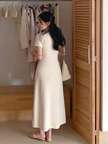 DAZY Đầm maxi nữ cổ bẻ, khóa kéo nửa thân, dáng chữ A, dài đến đầu gối. - Xám - Xem 4