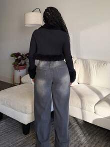 Tyla Gomez Solid Fuzzy Trim Open Front Crop Fall Clothes Women Jacket - Black - View 2