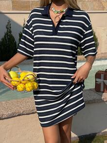 DAZY Women's Collared Textured Fabric Striped Casual Mini Dress - Navy Blue - View 2