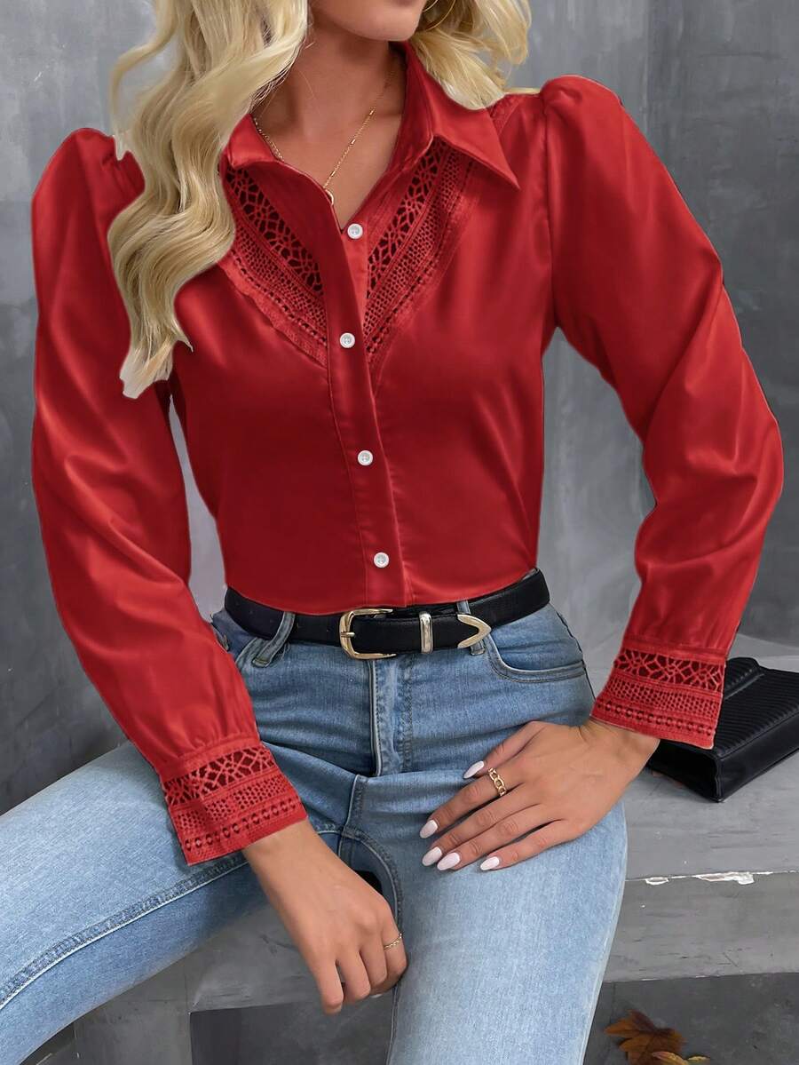 SHEIN LUNE Women's Elegant Red Hollow-Out Patchwork Long Sleeve Shirt,Casual Vacation Western Cowboy Blouse Tops For Autumn Party - Burgundy - View 1