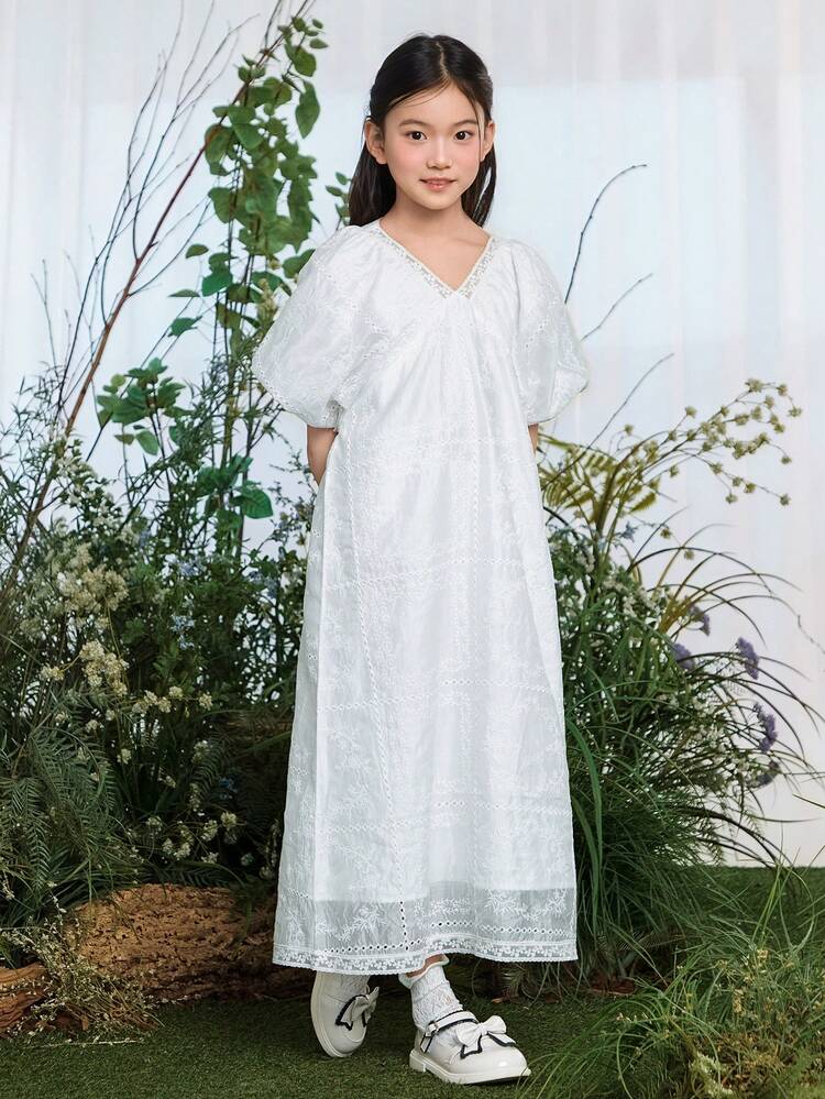 Tween Girl Solid Color V-Neck Elegant Short Sleeve Dress Summer