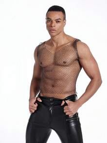 Manfinity AFTRDRK Classic Black V-Neck Fishnet Rhinestone Embellished Sexy Camisole - Black - View 4