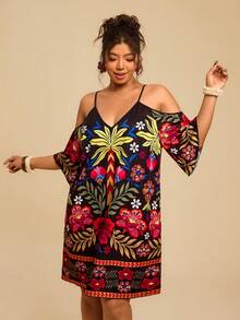SHEIN VCAY Abito casual da vacanza con stampa floreale tropicale e design traforato, taglie comode - Multicolore - Visualizzare 5