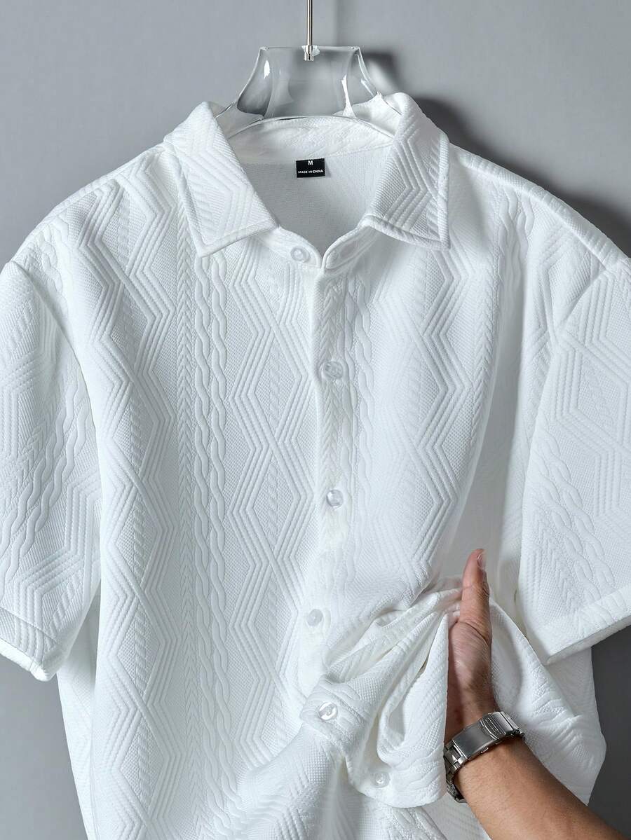 Manfinity Homme Men's Solid Color Turndown Collar Button Half Placket Casual Versatile Commuting Short Sleeve Shirt - White - View 1