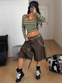 Coolane 女士夏季极简主义Y2K基础日常休闲辣妹风弹力舒适灰色抹胸方领长袖T恤 - 彩色 - 查看 2