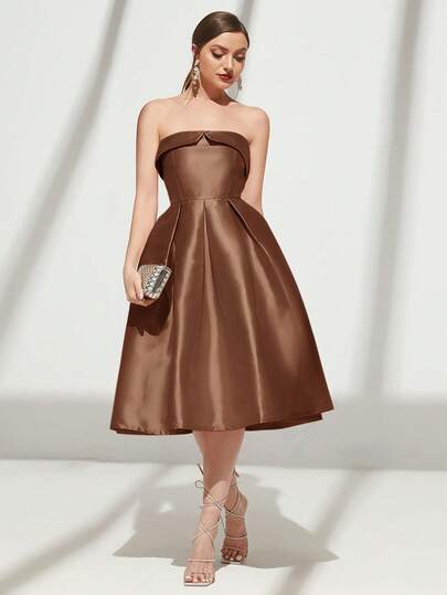 SHEIN Belle 女士优雅纯色褶皱无肩带连衣裙，夏季