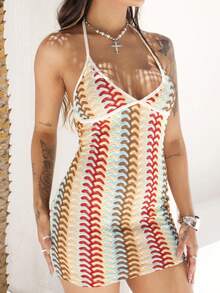 Rayane Ketlyn Women's Colorful Jacquard Knitted Contrast Color Ribbed Edge Halter Backless Deep V-Neck Mini Beach Dress,Boho Clothes Women - Multicolor - View 3