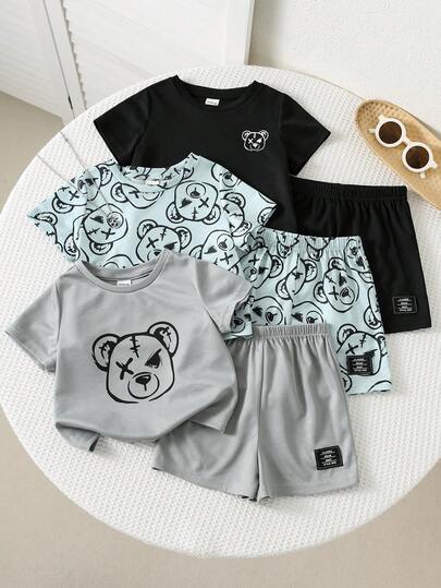6pcs/Set Baby Boy Cute Casual Cartoon Bear Print Round Neck Loose Knit Short Sleeve T-Shirt And Shorts, Suitable For Holidays, Parties, Summer Beach Vacation, And Festive Occasions