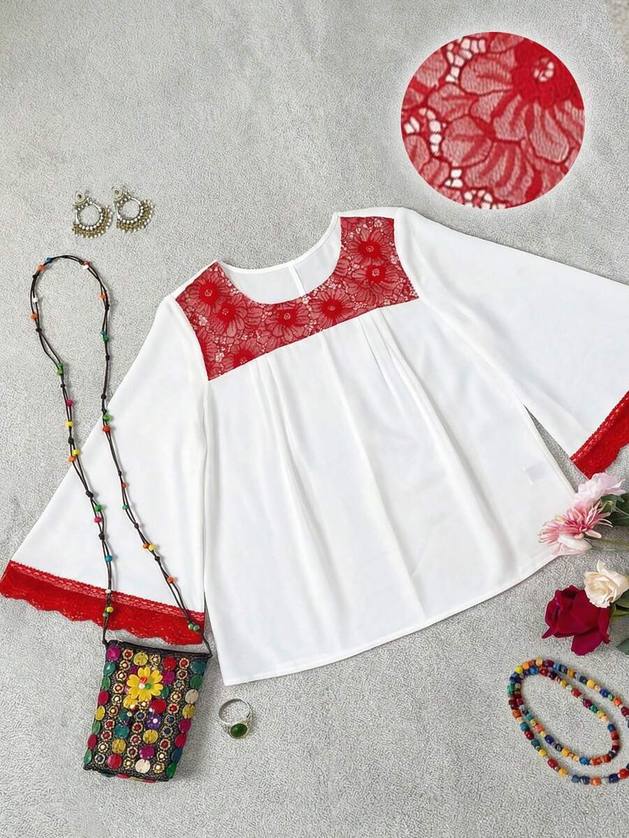 EMERY ROSE Áo thun nữ tay loe cổ tròn dáng dài, phối ren, kiểu dáng thường ngày, thích hợp cho mùa xuân. - Nhiều màu - Xem 1