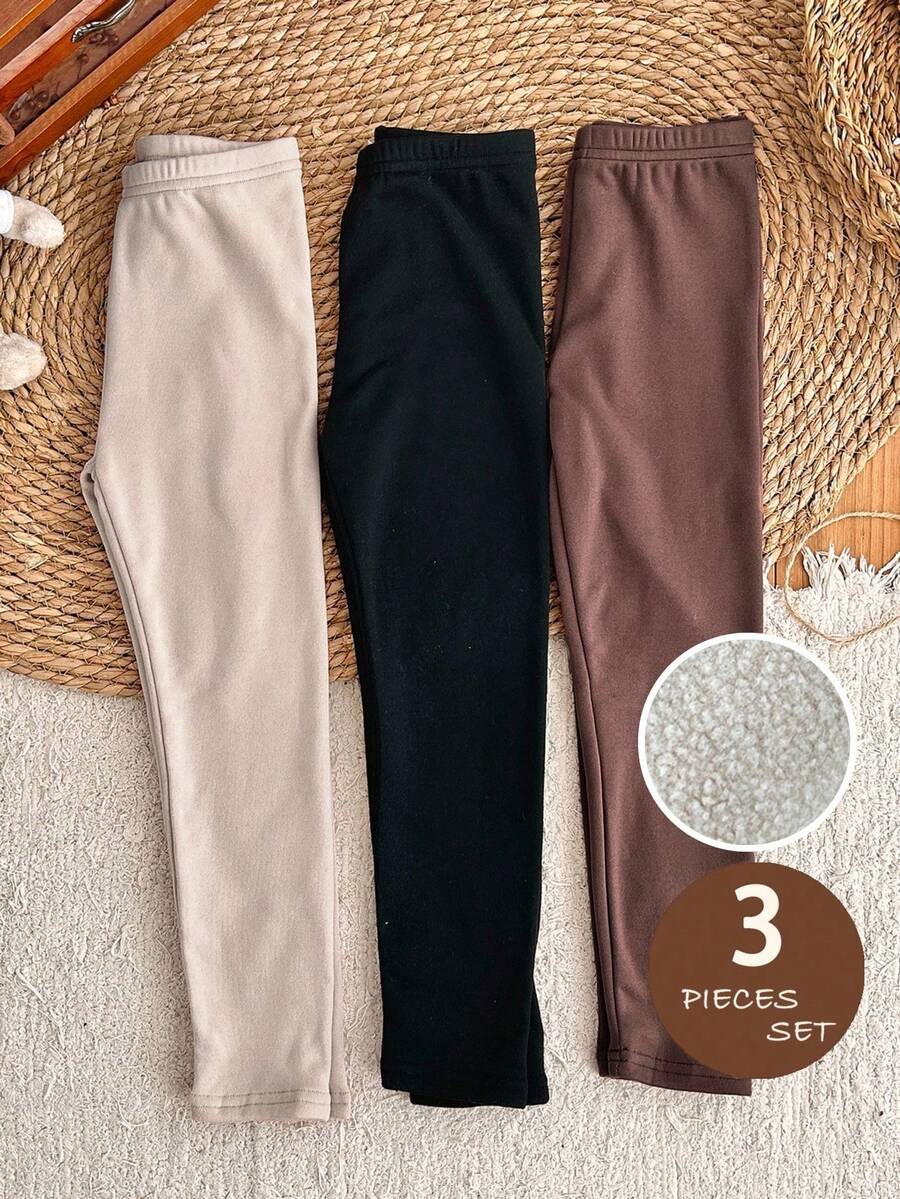 LMoss Kids Conjunto de 3 Peças de Leggings Casuais Ajustadas de Cor Sólida Young Girl LMoss, Leggings, Calças Leggings Chiques para Outono/Inverno, Inverno, Leggings, Calças de Inverno, Leggings Quentes para o Outono - Multicolorido - Visão 1