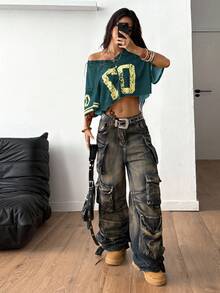 Coolane Women's Summer Sportswear Basic Y2K Number Pattern Contrast Lace V-Neck Jersey Over Size T-Shirt Y2k Clothes Women Tops T Shirt Crop Top Baggy Crop Top Y2k Graphic Crop Top Crop Tops Women Graphic - Green - View 6