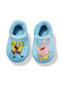 SpongeBob SquarePants | SHEIN 可爱卡通蓝色儿童柔软毛绒保暖弹力后跟拖鞋，适合幼儿和小朋友室内家居防滑鞋，轻便耐用，防滑硅胶点，男女通用，适合男孩女孩在家卧室空调房春、秋、冬三季穿着，Patrick - 藍色 - 查看 5