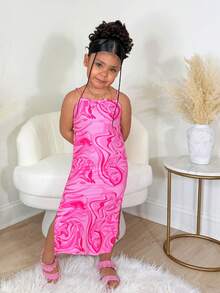 Young Girl Casual Vacation Daily Pink Tie-Dye Textured Snug Fit Dress - Pink - View 3