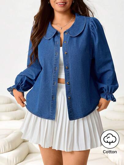 Solflare Plus Size Women Peter Pan Collar Long Sleeve Single-Breasted Casual Denim Blouse Spring To Summer Valentine's Day Carnival Costume Commuting Vacation Graduation Chic Y2k Cute Streetwear Coquette Party Wedding Elegant Business Casual Woman Plus Size Women's Denim Top With Peter Pan Collar Puff Long Sleeves And Button Front Casual Style