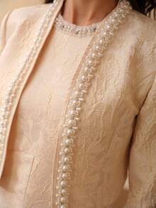 ZEYLAH Women's Elegant Jacquard Faux Pearl Beaded Front Open Jacket, Autumn - Apricot - View 2