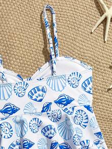 SHEIN 少女两件套比基尼泳衣，蓝白海洋贝壳和海马印花，时尚休闲优雅，适合游泳、夏季度假、海滩和泳池穿着。 - 藍色 - 查看 5