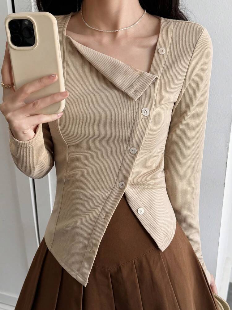 Women's Solid Color Long Sleeve Asymmetric Hem Casual T-Shirt